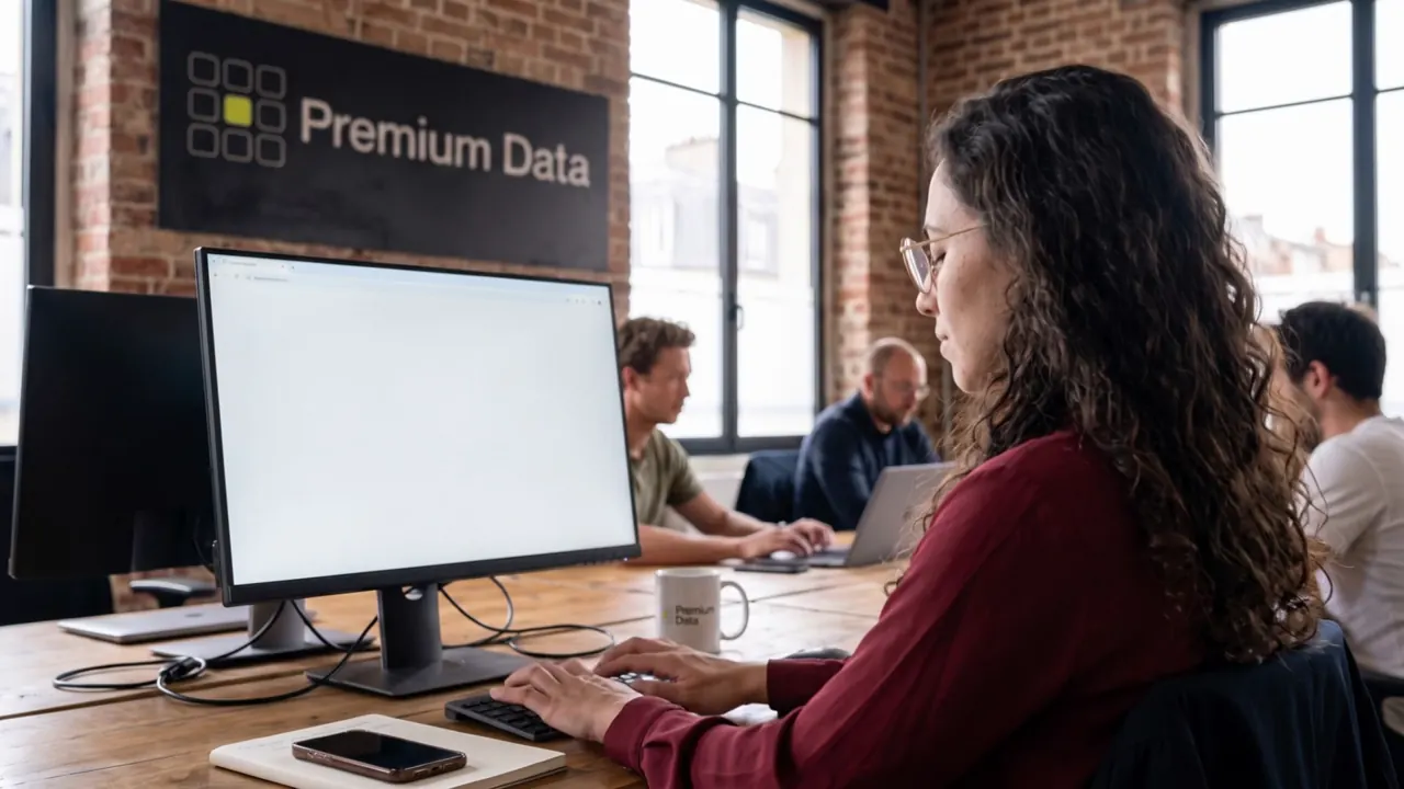 Beatriz, ingeniera de datos, en su mesa: en su pantalla, la ficha del establecimiento y su ficha de contacto